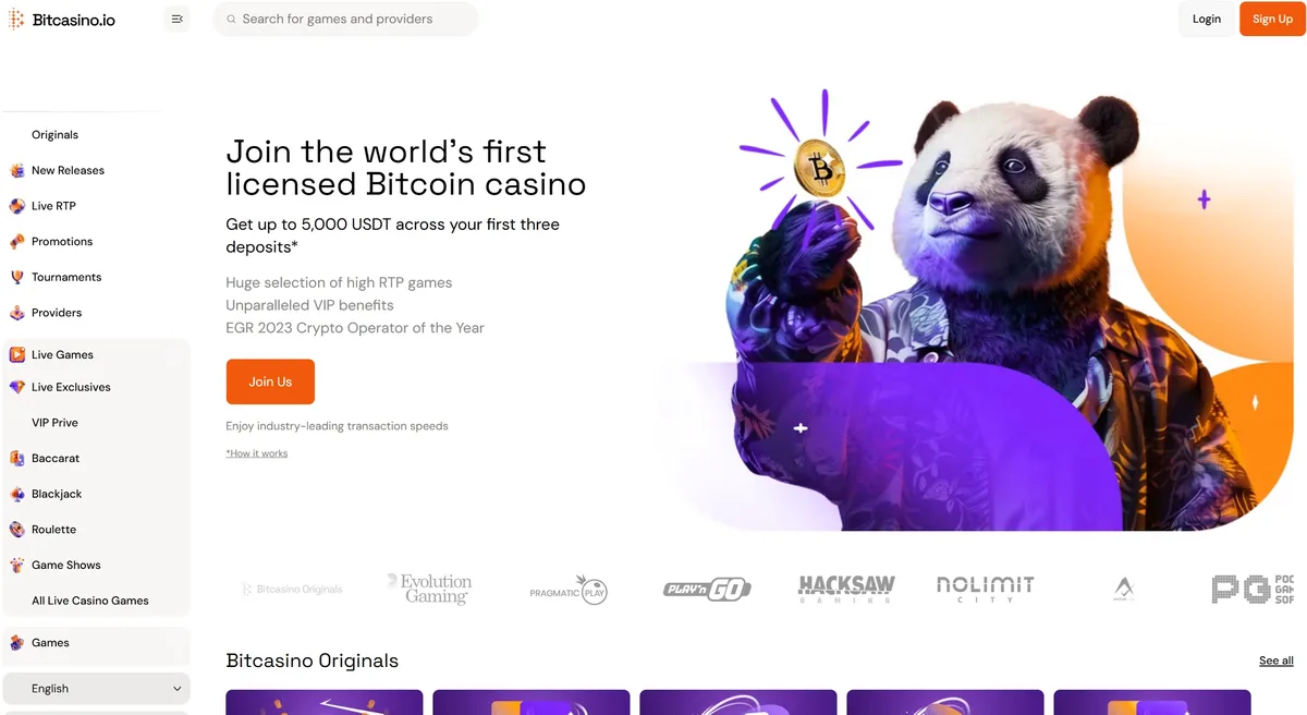 Startseite von Bitcasino.io: join the world's first licensed Bitcoin casino, bis zu 5.000 USDT auf die ersten drei Einzahlungen und die Zeile industry-leading transaction speeds
