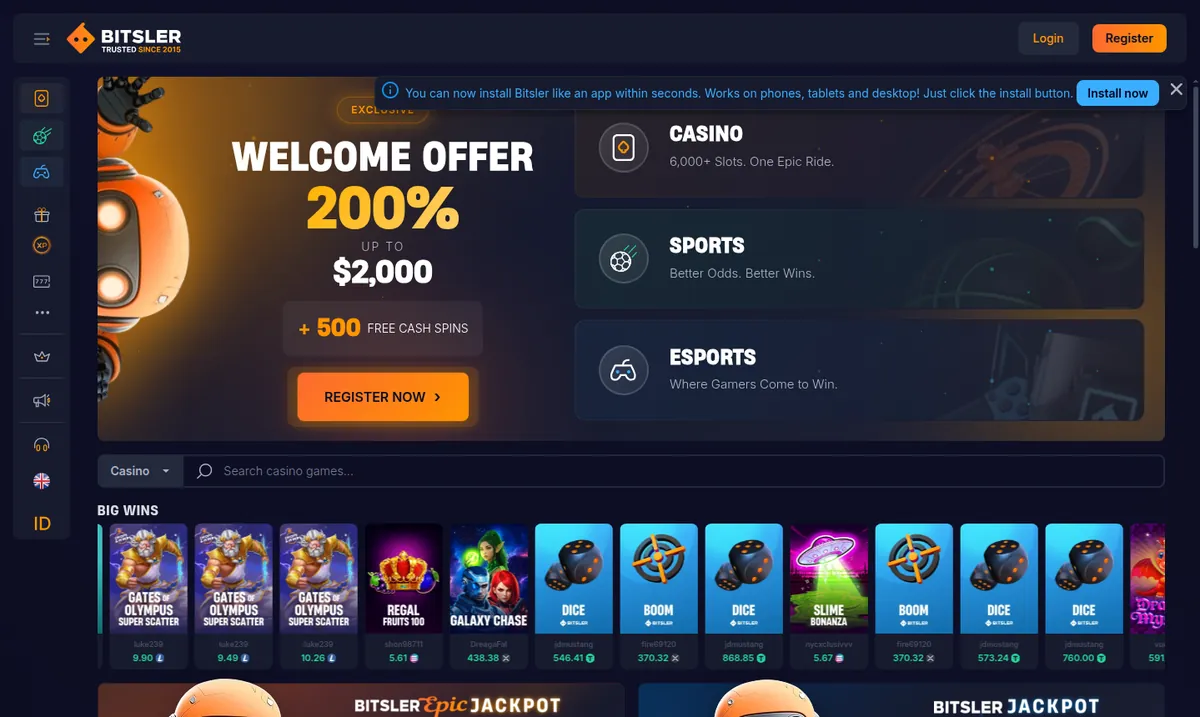 Startseite von Bitsler: ein Willkommensbanner über 200 % bis 2.000 $ mit 500 Freispielen und eine Casino-Kachel, die mehr als 6.000 Slots bewirbt