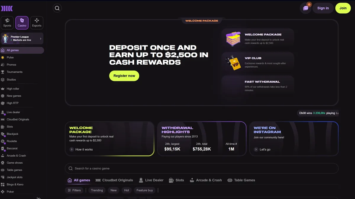 Casino-Seite von Cloudbet: 90 % unserer Auszahlungen dauern unter 2 Minuten, mit einem Kasten, der eine Million Auszahlungen seit 2013 zählt