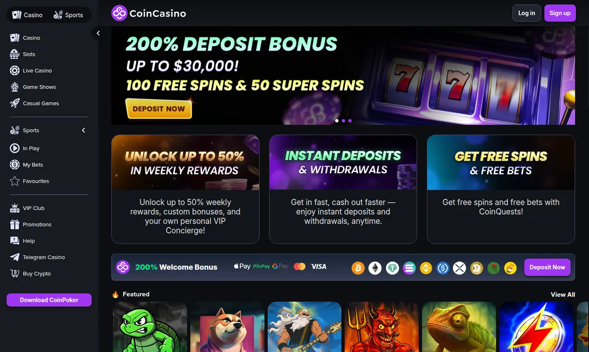 Startseite von CoinCasino: ein Einzahlungsbonus von 200 % bis zu 30.000 $ mit 100 Freispielen und 50 Super-Spins