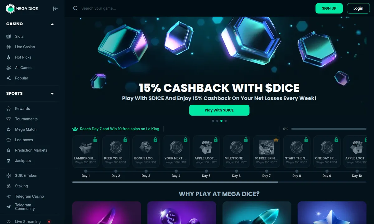 Die Startseite von Mega Dice mit einem Eintrag Telegram Casino in der linken Spalte