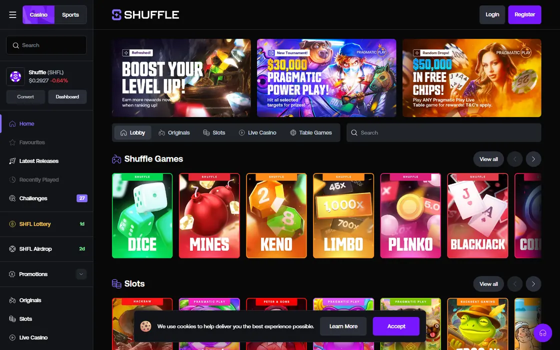 Shuffle.com front page with a Shuffle Games row of Dice, Mines, Keno, Limbo, Plinko and Blackjack