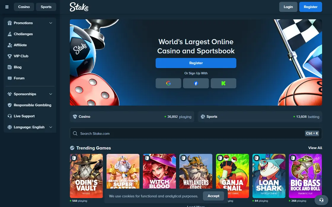 Stake.com front page with the headline World's Largest Online Casino and Sportsbook, a blue Register button, live casino and sports player counters and a row of trending slots