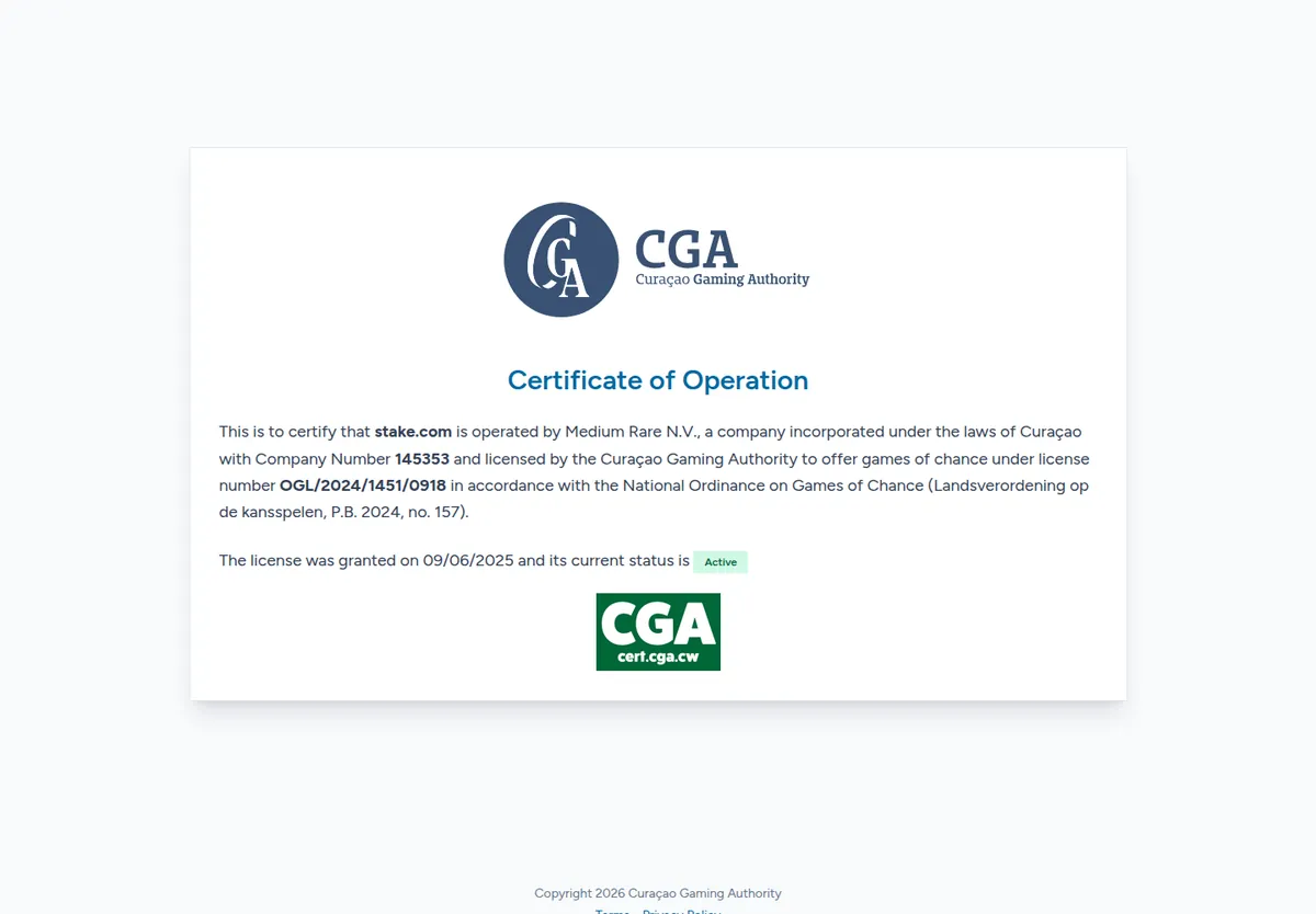 Curaçao Gaming Authority certificate of operation for stake.com, operated by Medium Rare N.V., company number 145353, licence OGL/2024/1451/0918, status Active