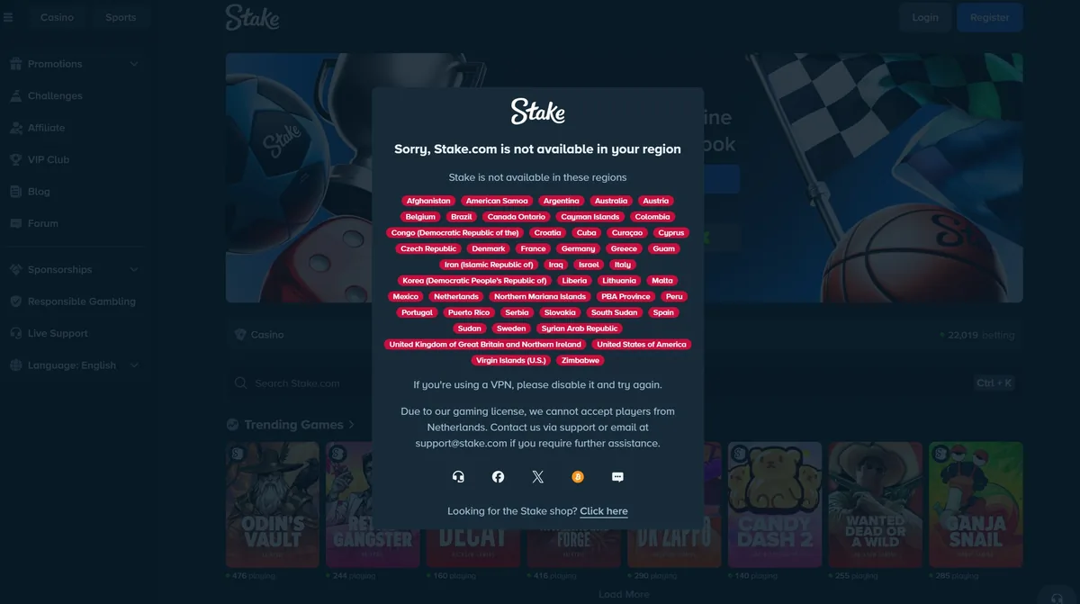 Stake.com window reading Sorry, Stake.com is not available in your region, above a list of 47 regions including the United States, the United Kingdom, France, Germany and Spain