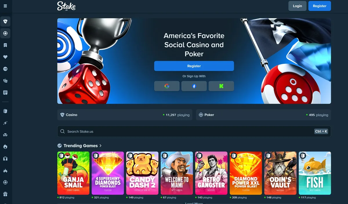 Stake.us front page with the headline America’s Favorite Social Casino and Poker, sign-up through Google, Facebook or Kick, and live player counts for Casino and Poker