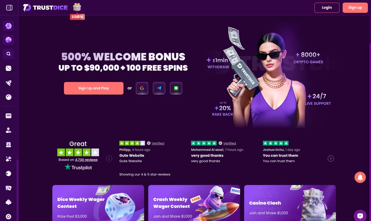TrustDice front page with a 500% welcome bonus banner up to $90,000 plus 100 free spins