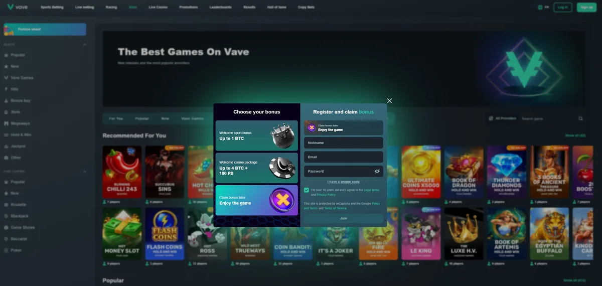 The Vave lobby with the sign-up dialogue open