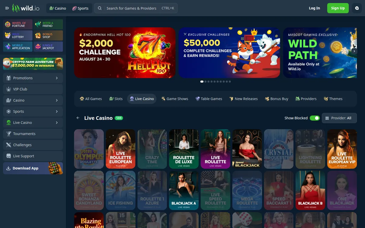 Die Live-Casino-Lobby von Wild.io mit Live-Roulette, Blackjack und Spielshow-Tischen