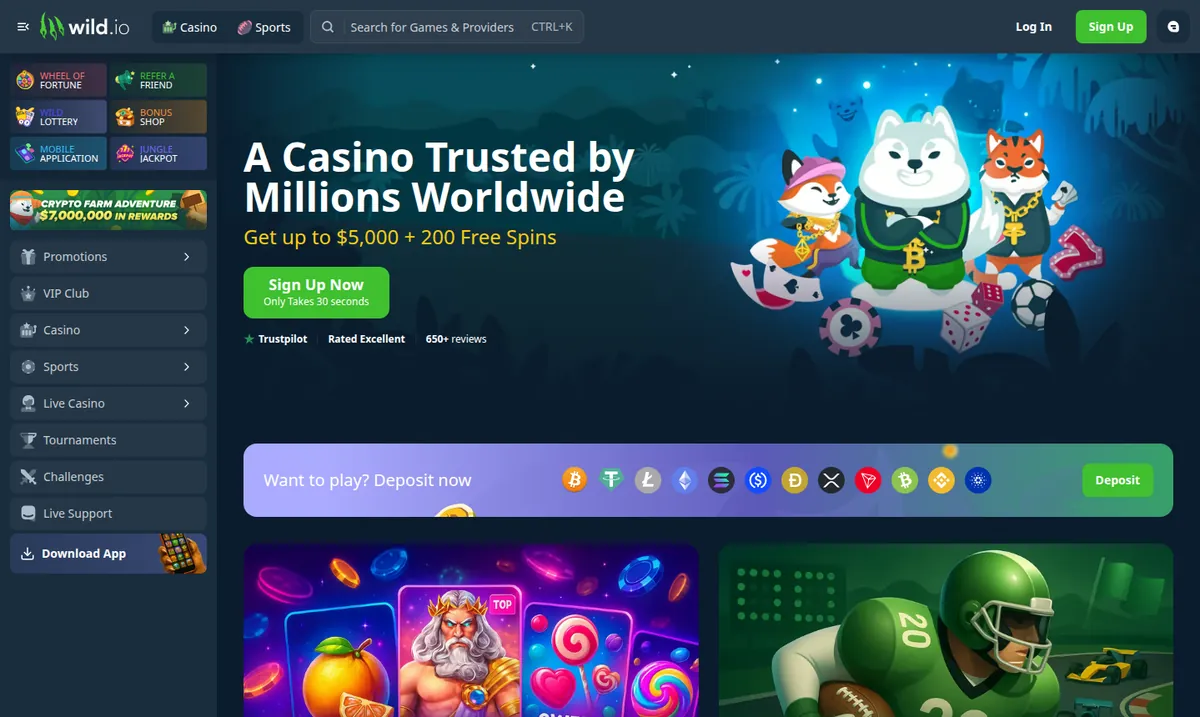 Die Startseite von Wild.io mit dem Banner des Willkommensangebots