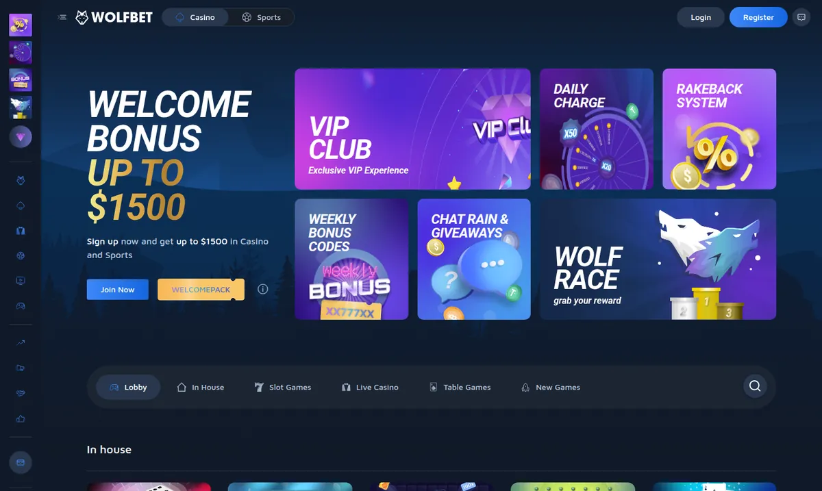 Die Startseite von Wolf.bet mit den Bereichen Krypto-Casino und Sportwetten